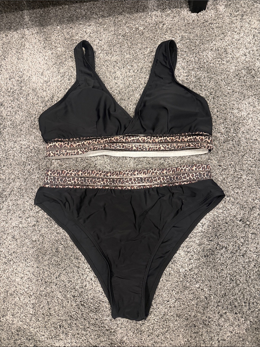 Black Leopard-Trim High-Waist Bikini Set